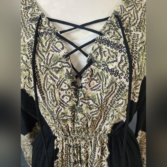 Free People Black Snake Print Boho Lace Up Front Elastic Waist Top - Picture 3 of 12